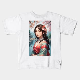 Sakura Lake Serenity: Portrait of a Japanese Girl Kids T-Shirt